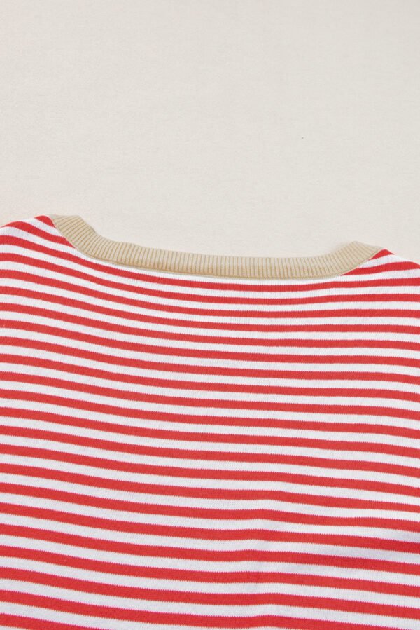 Fiery Red Contrast Trimmed Striped Drop Shoulder Sweater