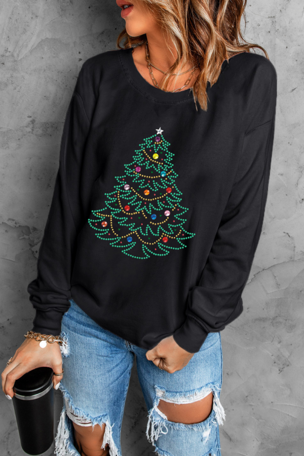 Black Rhinestone Christmas Tree Graphic Pullover Sweatshirt