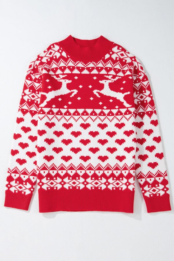 Fiery Red Merry Christmas Reindeer Heart Pattern High Neck Sweater