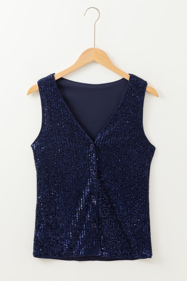 Dirty blue Sequined Deep V Neck Buttoned Tank Top