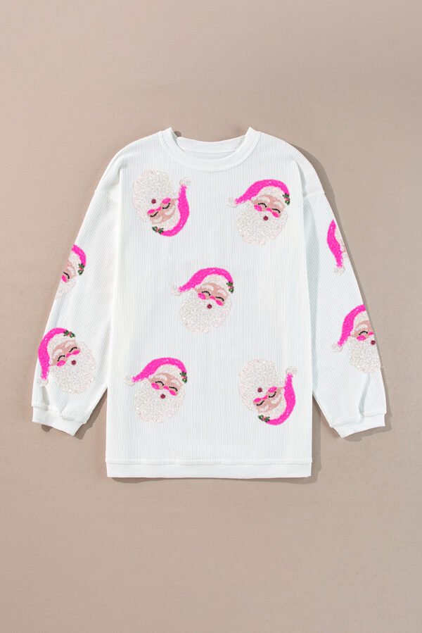 White Sequin Father Christmas Ribbed Oversized Graphic Sweatshirt