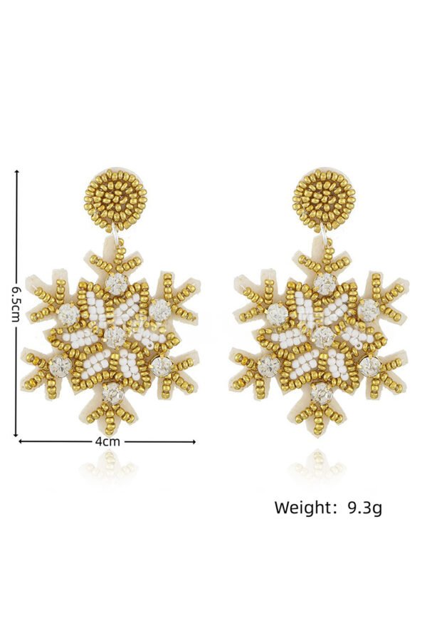 Gold Christmas Snowflake Rhinestone Rice Beaded Drop Earrings