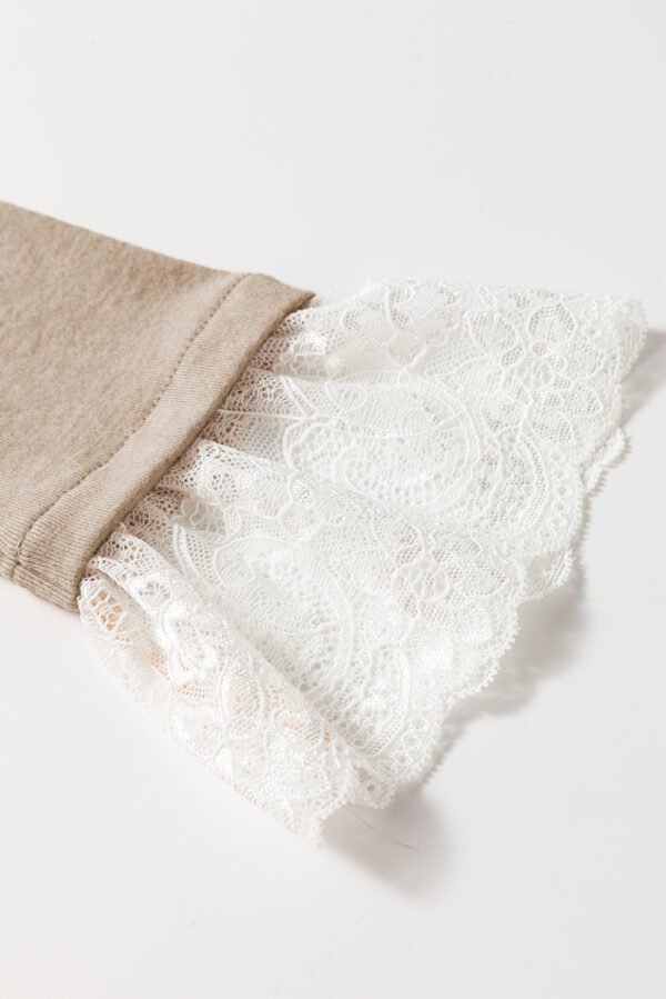 Parchment Seam Detail Lace Contrast Cuffs Raglan Sleeve Top