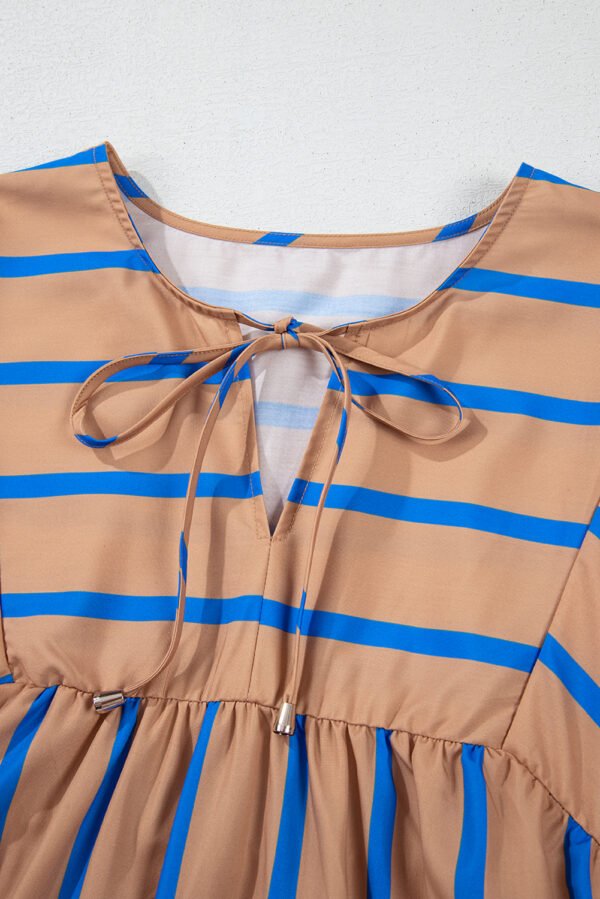 Khaki Stripe Contrast Striped Print 3/4 Sleeve Babydoll Plus Size Dress