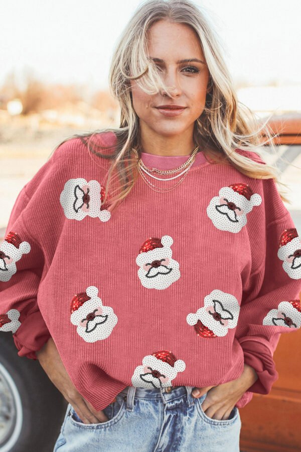 Strawberry Pink Sequin Santa Clause Christmas Corded Sweatshirt