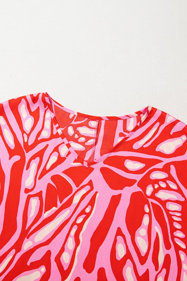 Red Abstract Print V Neck Batwing Sleeve Oversized Blouse