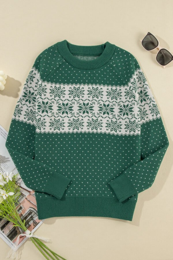 Green Christmas Snowflake Dotted Print Round Neck Sweater