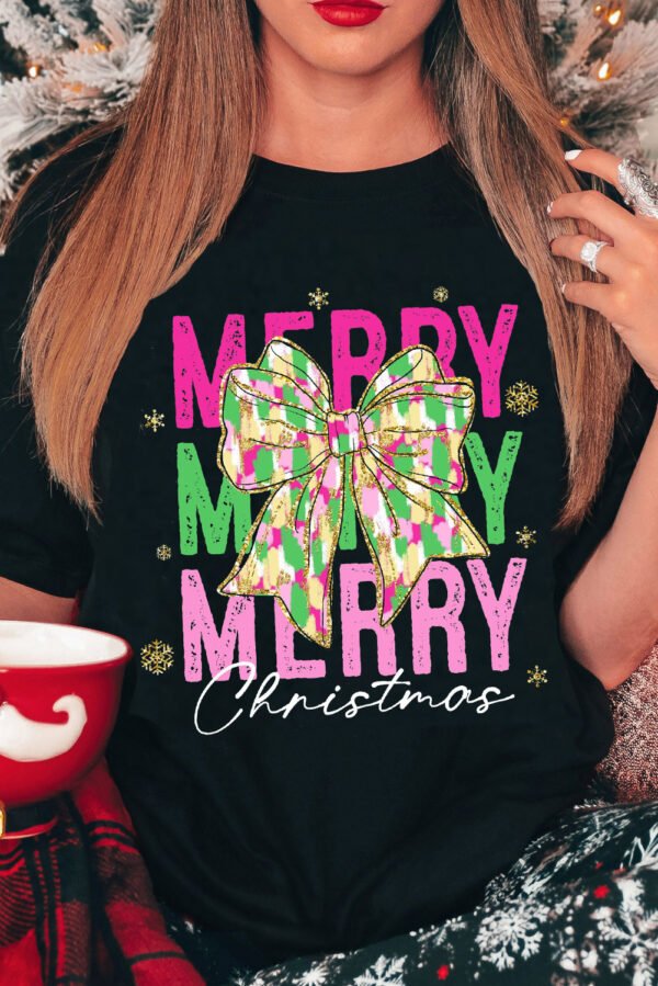 Black Merry Christmas Brushwork Bow Printed T Shirt