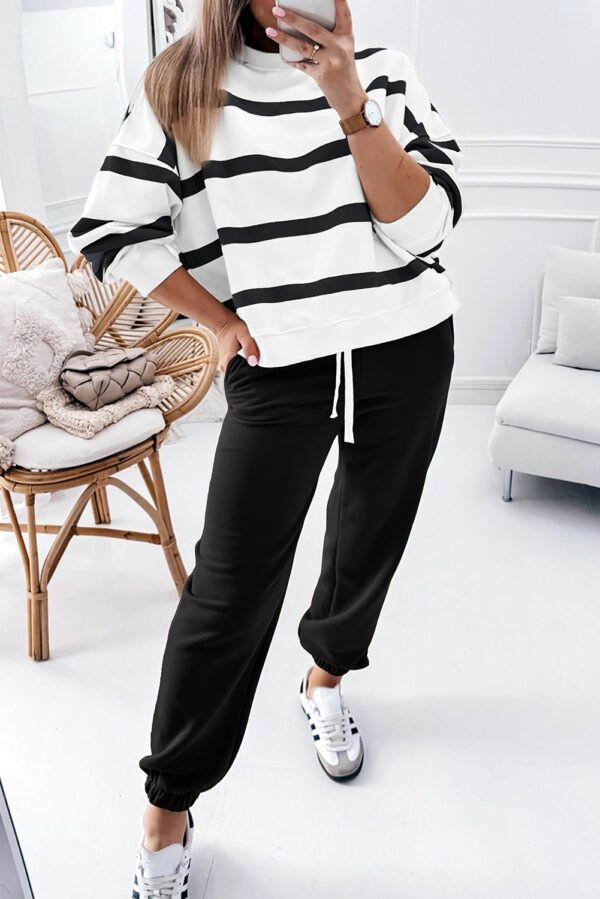 Black Stripe Drop Shoulder Pullover and Jogger Pants Set