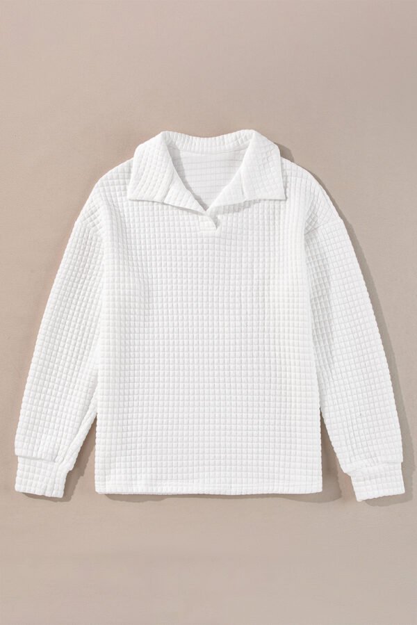 White Quilted Texture Sporty Collared Long Sleeve Top