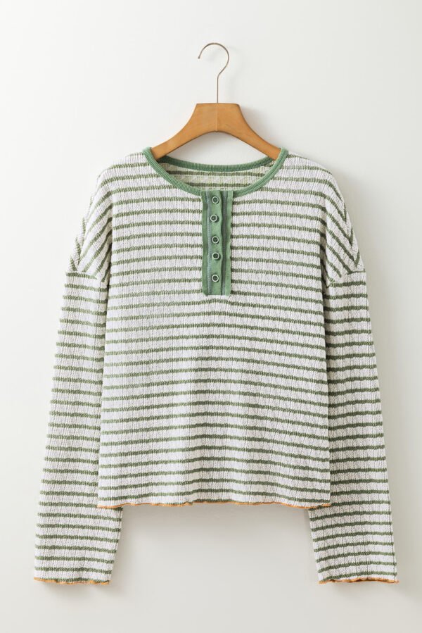 Green Stripe Textured Frilly Trim Buttons Henley Long Sleeve Top