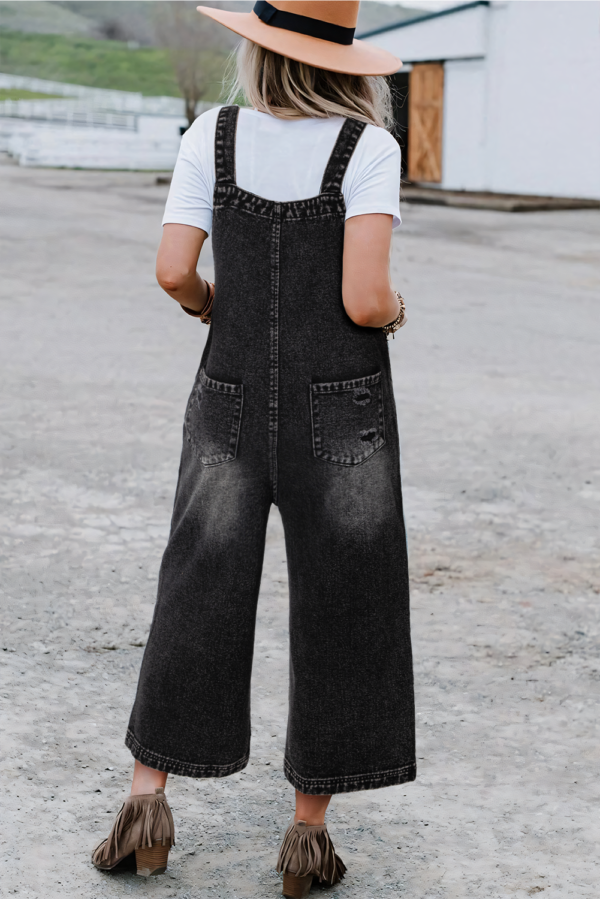 Black Distressed Bib Pocket Wide Leg Denim Overall