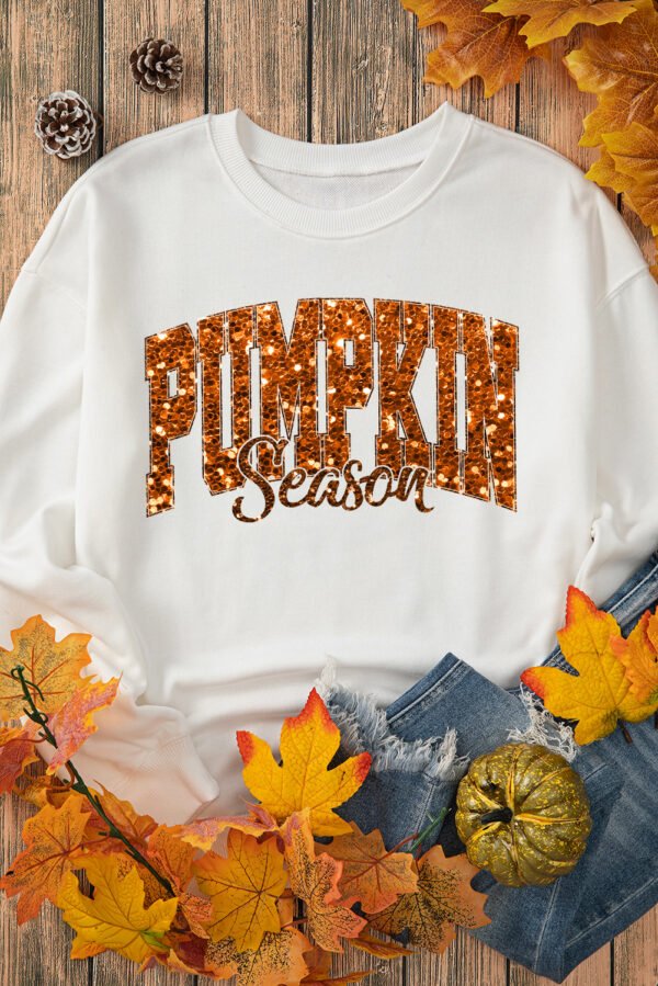 Beige Heat-transfer PUMPKIN Season Printed Crewneck Thanksgiving Sweatshirt