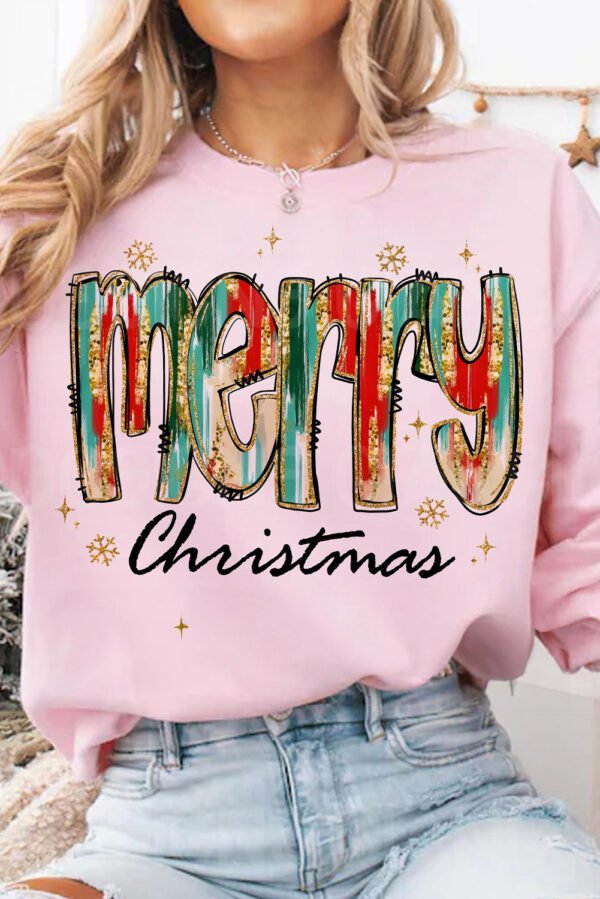 Pink Brushwork Merry Christmas Print Drop Shoulder Sweatshirt