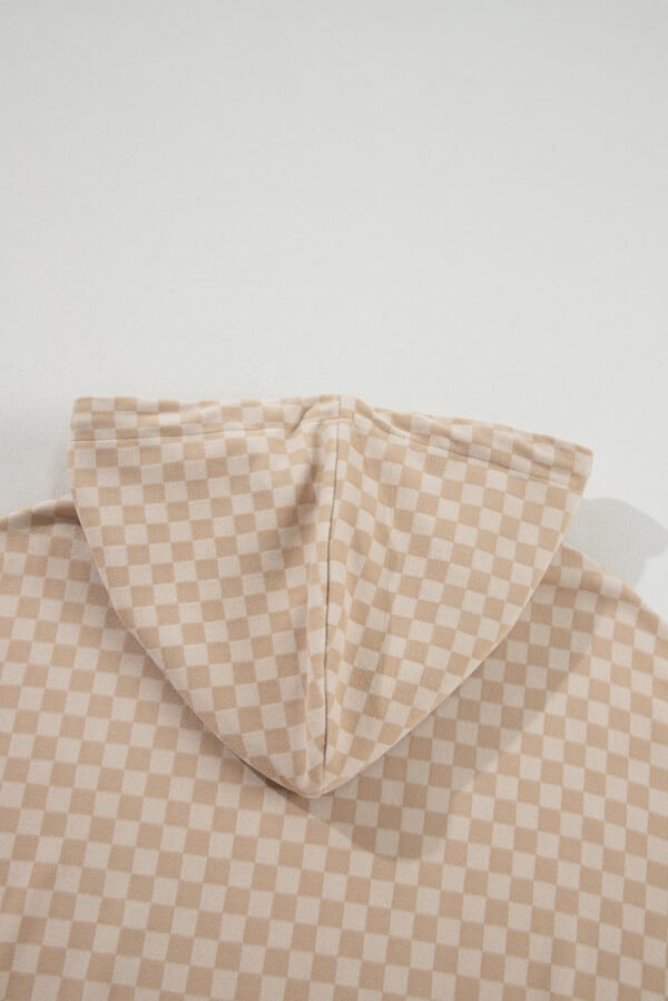 Khaki Checkered Print Kangaroo Pocket Drawstring Hoodie