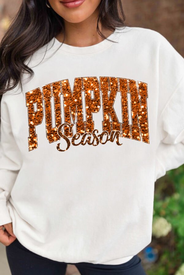 Beige Heat-transfer PUMPKIN Season Printed Crewneck Thanksgiving Sweatshirt