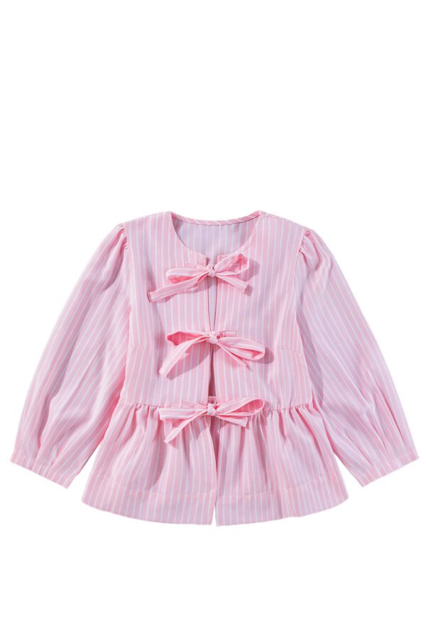 Pink Stripe Bowknot Front Crew Neck Puff Sleeve Blouse