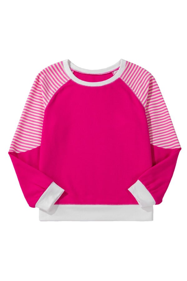 Strawberry Pink Striped Patchwork Crew Neck Raglan Sleeve Top