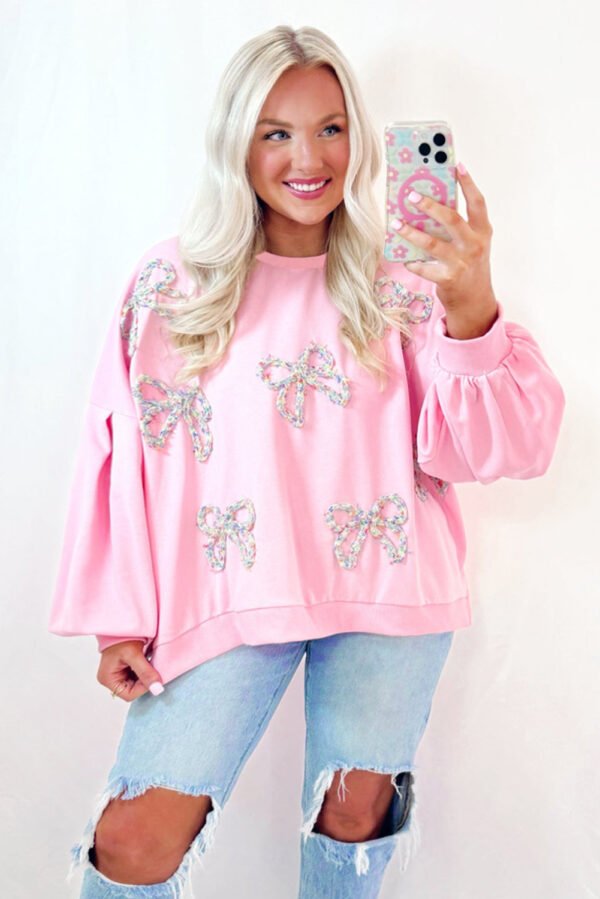 Light Pink Embroidered Bow Lantern Sleeve Oversized Pullover Sweatshirt