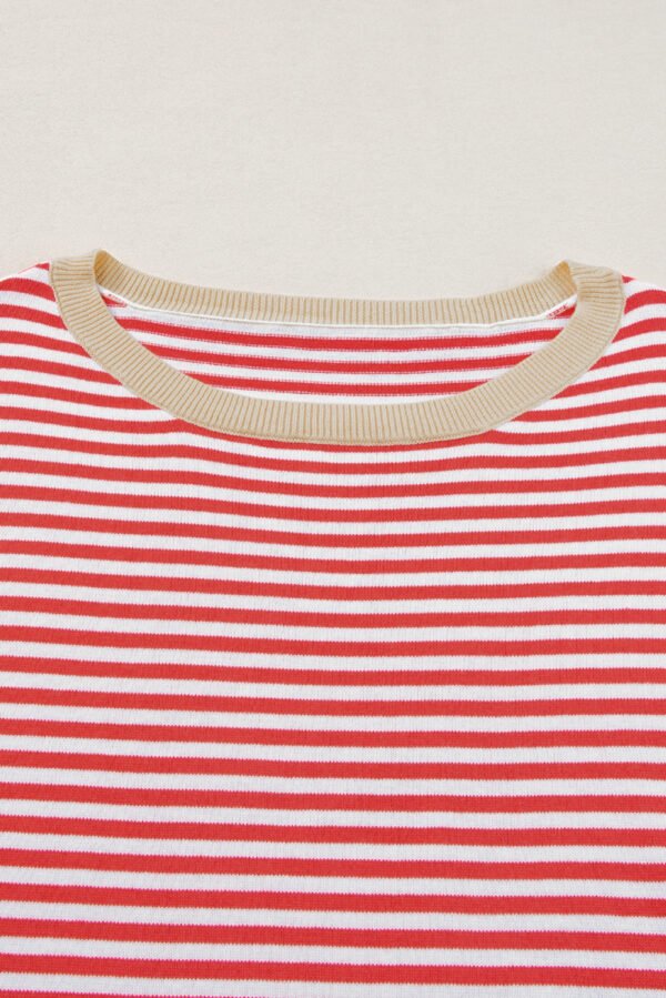 Fiery Red Contrast Trimmed Striped Drop Shoulder Sweater