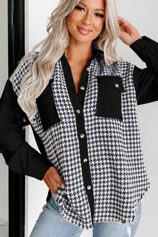 Black Houndstooth Corduroy Patchwork Flap Pocket Shacket