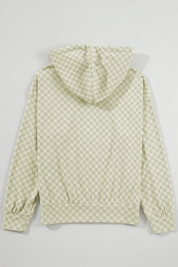 Green Checkered Print Kangaroo Pocket Drawstring Hoodie