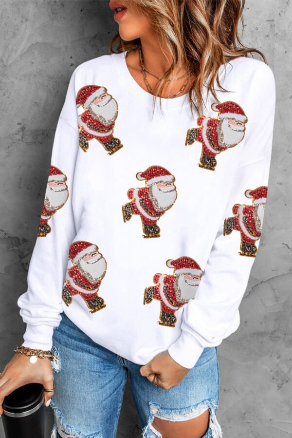 Beige Glitter Santa Claus Graphic Drop Shoulder Christmas Sweatshirt