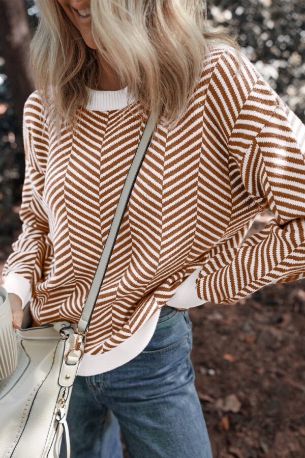 Coffee Contrast Edge Crew Neck Drop Shoulder Sweater