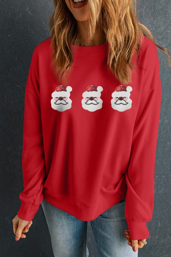 Red Sequin Father Christmas Patch Graphic Pullover Sweatshirt