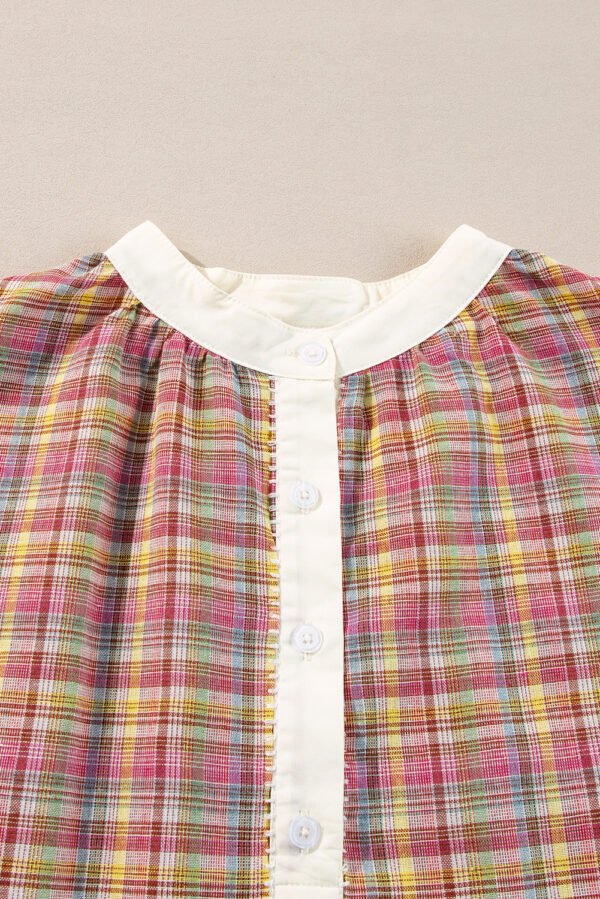 Pink Colorblock Plaid Patchwork Henley Blouse