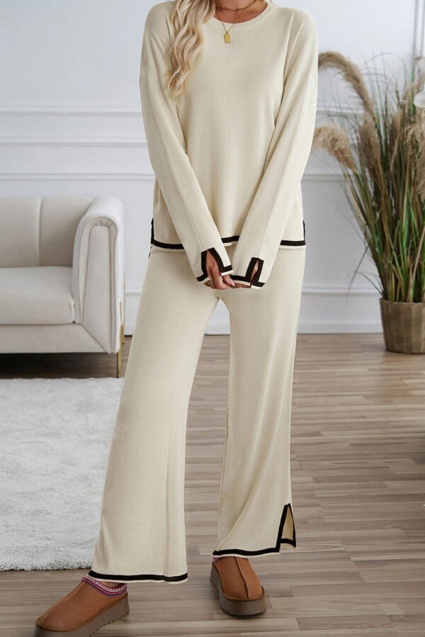 Apricot Contrast Trim Split Cuffs Long 2pcs Sweater Outfit Loungewear