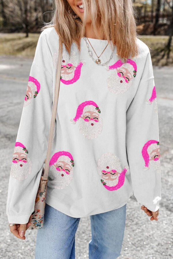 White Sequin Father Christmas Ribbed Oversized Graphic Sweatshirt