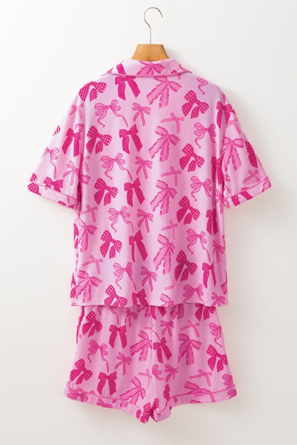 Pink Bow Print Half Sleeve Shirt and Shorts Pajamas Set