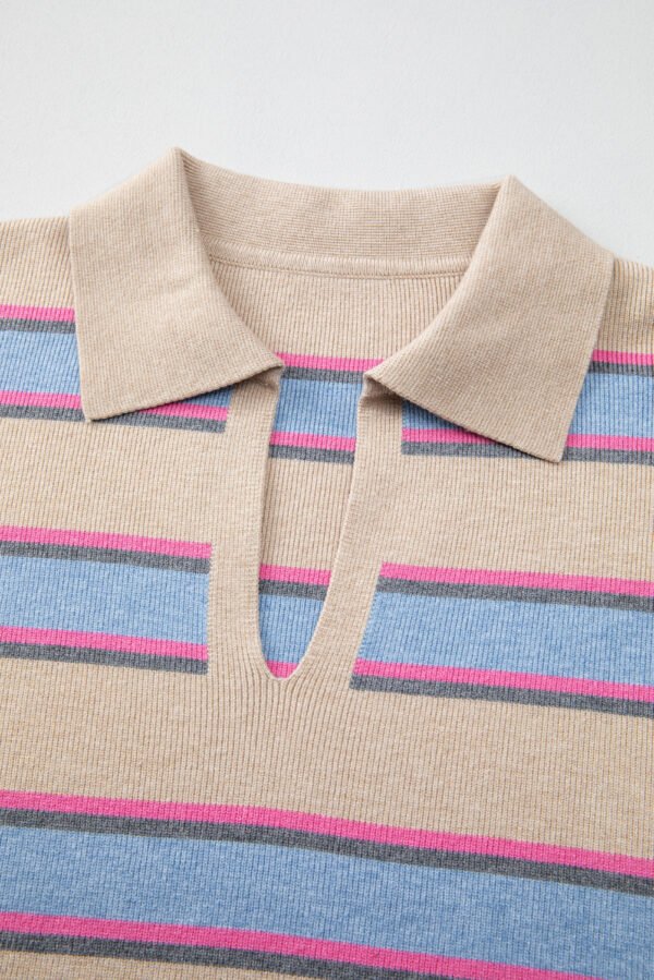 Apricot Stripe Collared V Neck Drop Shoulder Loose Sweater