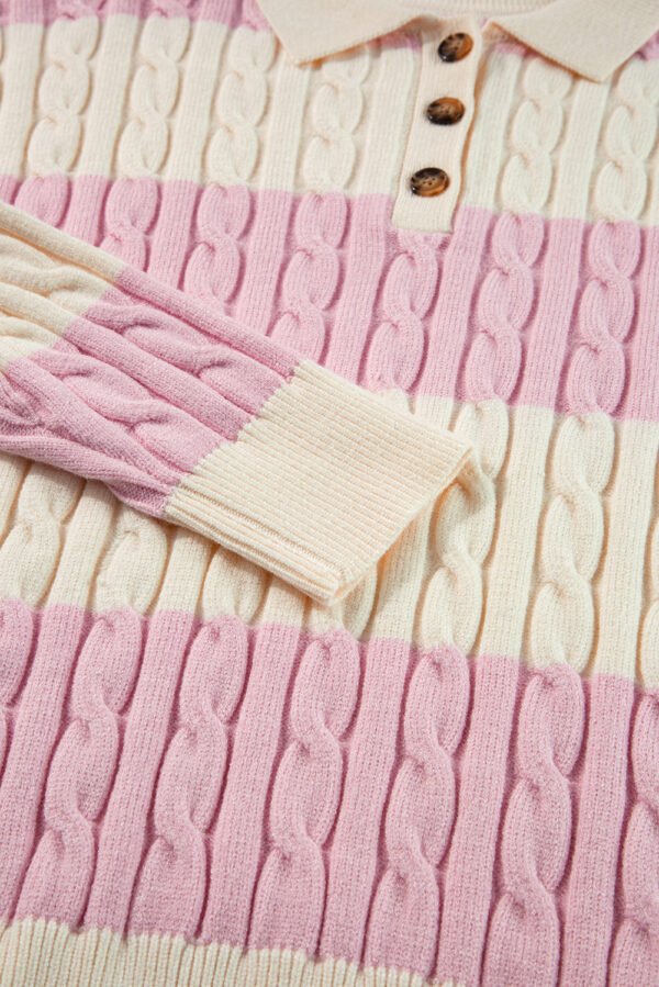 Pink Stripe Cable Knit Collared Henley Sweater