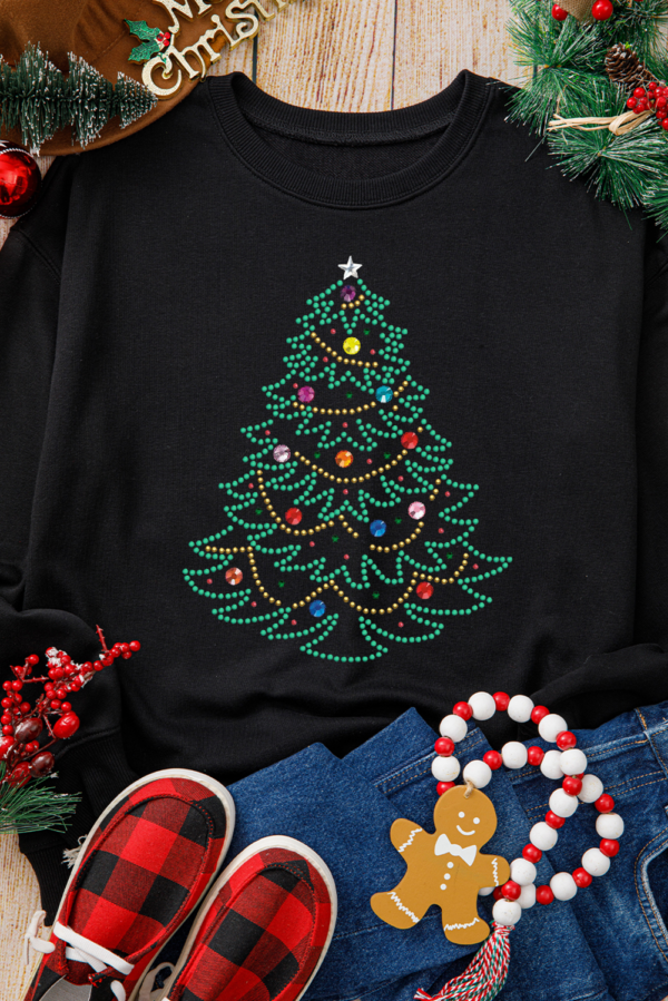 Black Rhinestone Christmas Tree Graphic Pullover Sweatshirt