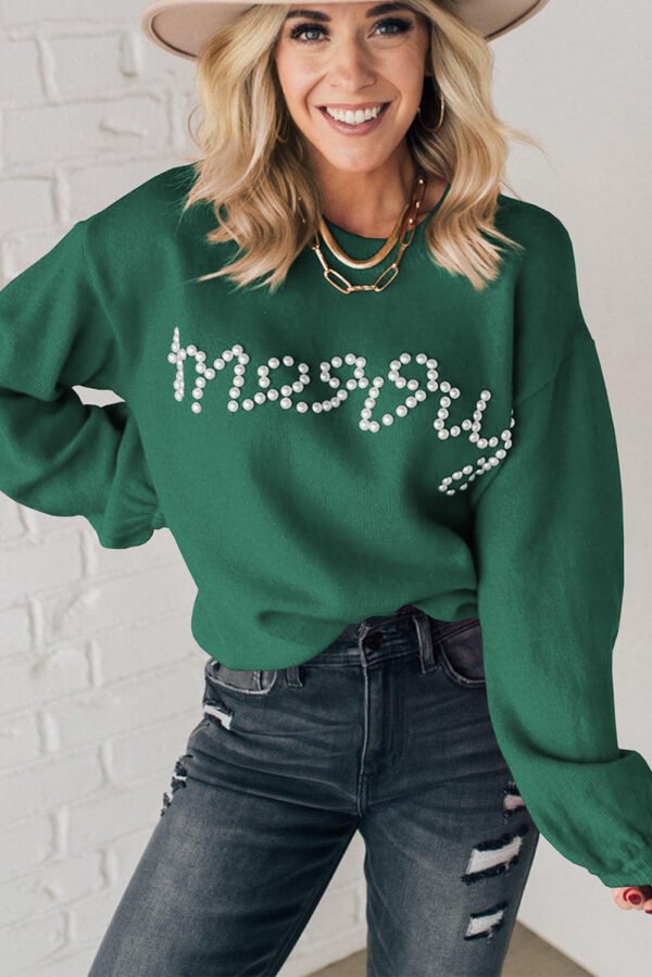 Blackish Green Pearl Beaded Merry Casual Sweater