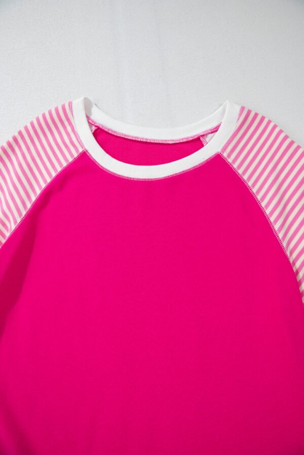 Strawberry Pink Striped Patchwork Crew Neck Raglan Sleeve Top