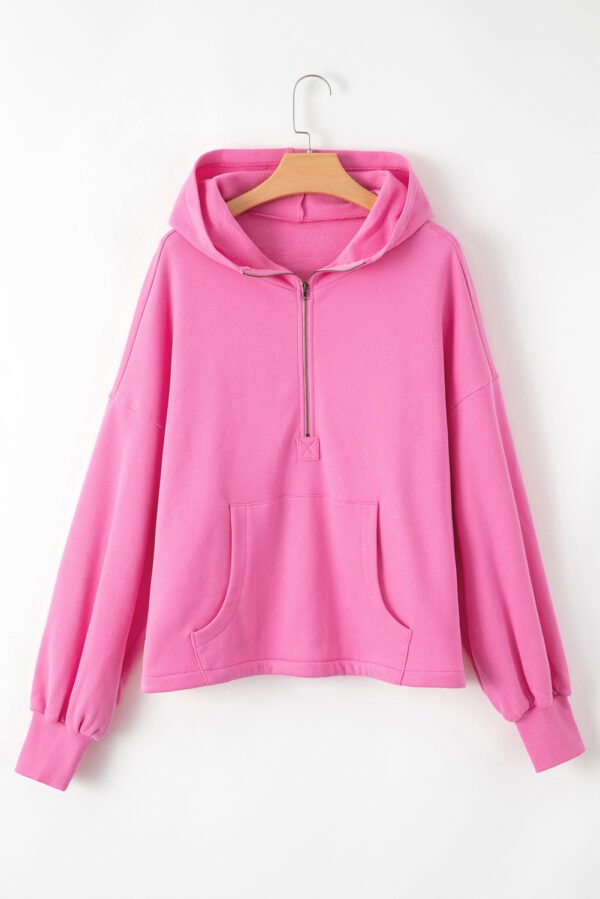 Bonbon Fleece Lined Half Zipper Kangaroo Pockets Loose Hoodie