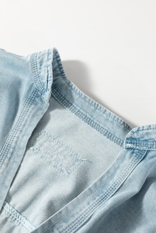 Beau Blue Light Wash Exposed Stitching Raw Hem V Neck Denim Top