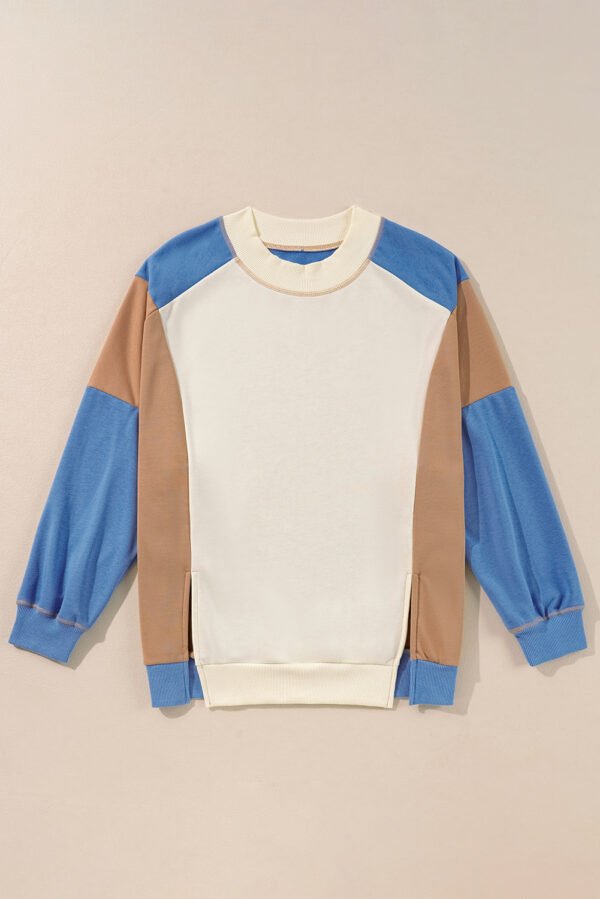 Sky Blue Ribbed Detail Color Block Sleeve Baggy Sweatshirt