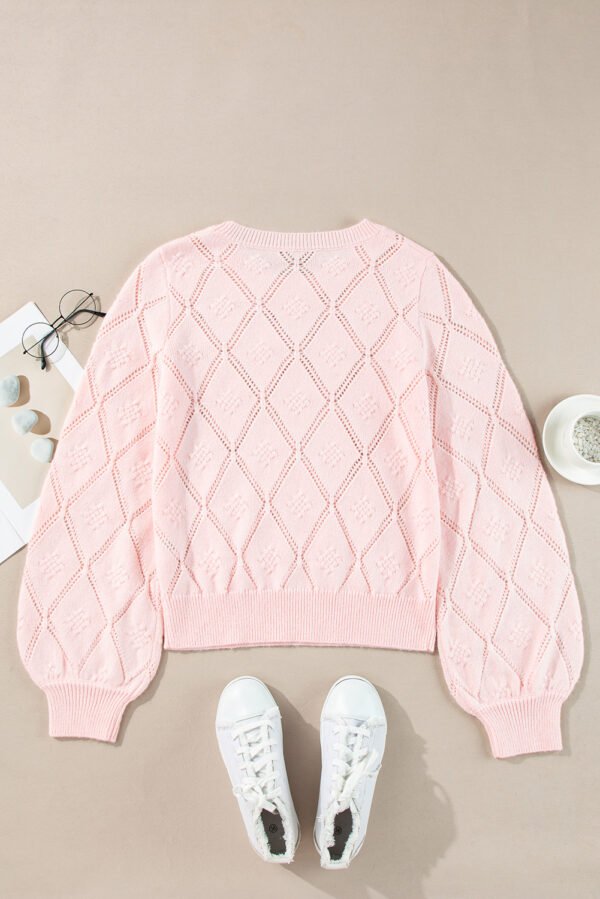 Gossamer Pink Openwork Plaid Puff Sleeve Cropped Sweater