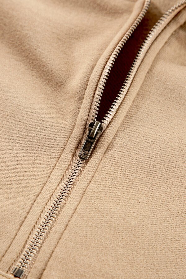 Parchment Fleece Lined Half Zipper Kangaroo Pockets Loose Hoodie