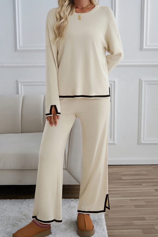 Apricot Contrast Trim Split Cuffs Long 2pcs Sweater Outfit Loungewear