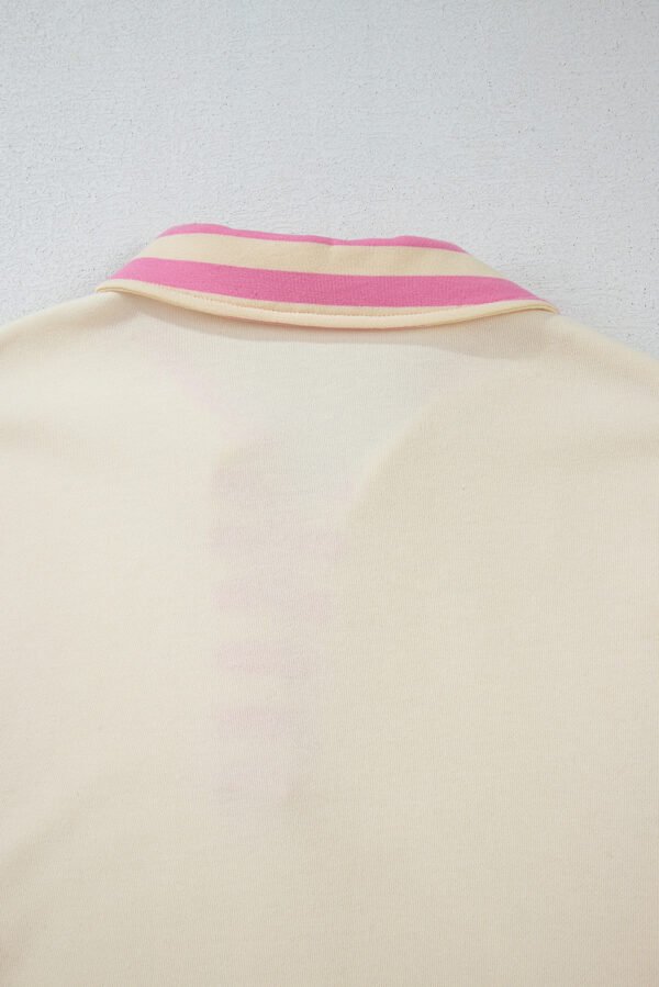 Pink Stripe Colorblock Patchwork Collared French Terry Knit Top