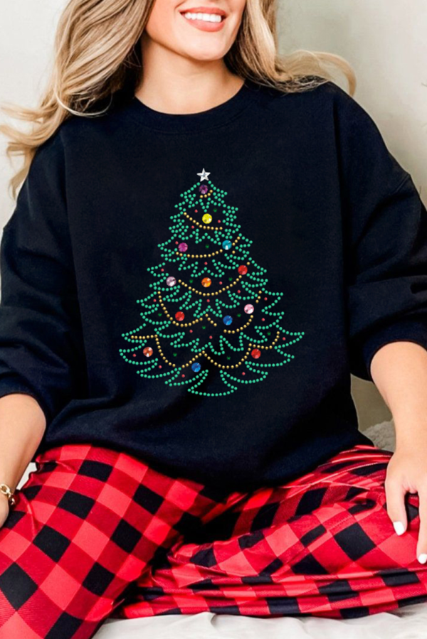 Black Rhinestone Christmas Tree Graphic Pullover Sweatshirt