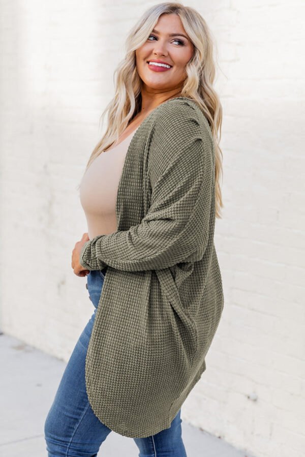 Seagrass Waffle Knit Drop Shoulder Open Front Pocketed Plus Size Cardigan