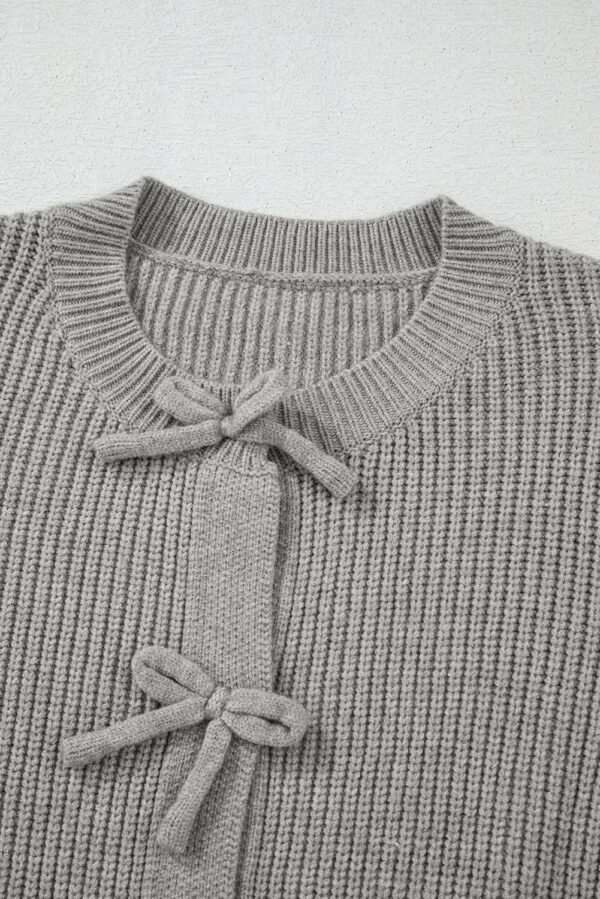 Philippine Gray Ribbed Knit Bow Front Buttoned Cardigan