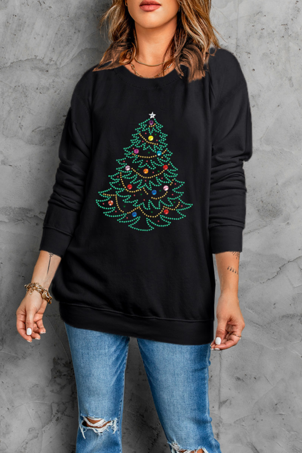 Black Rhinestone Christmas Tree Graphic Pullover Sweatshirt