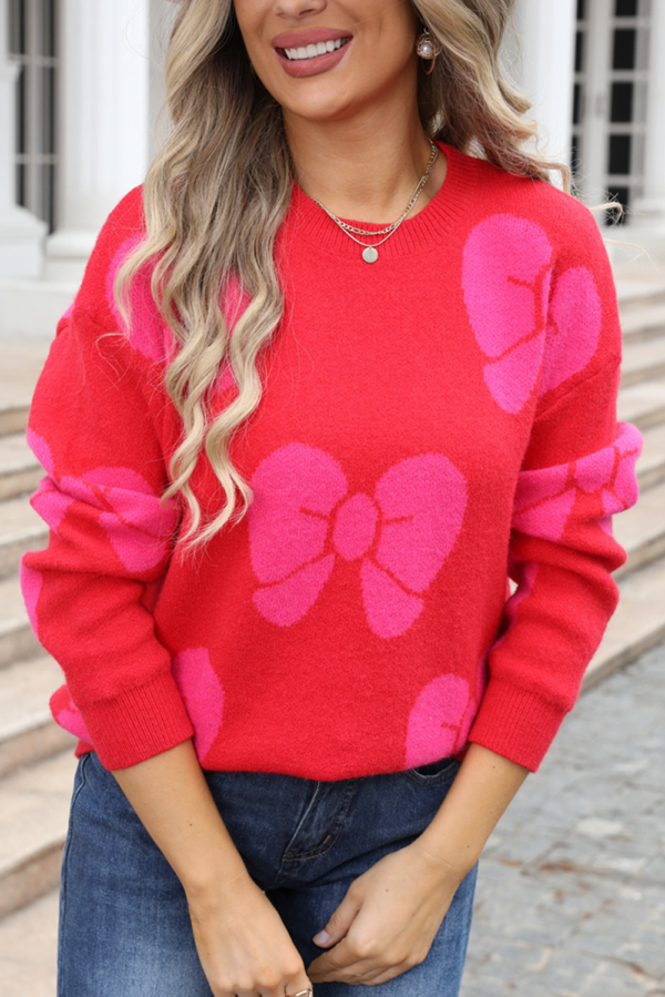 Fiery Red Valentine Bowknot Knitted Round Neck Fashion Sweater